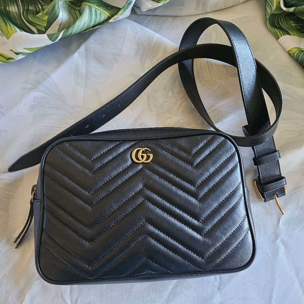 Gucci Black GG Marmont Belt Bag Quilted Calf Skin Leather